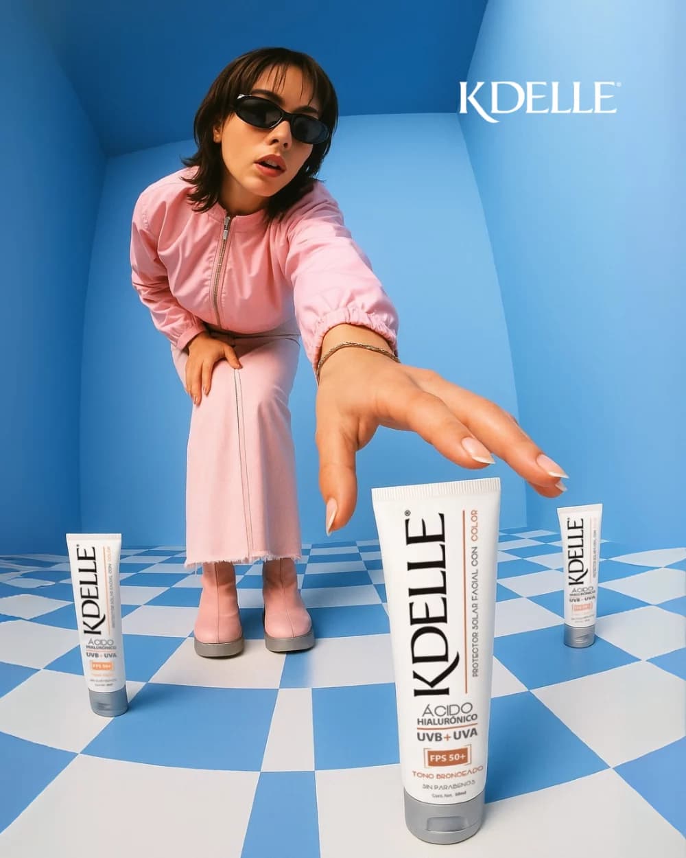 Skincare product set photography with model in styled environment