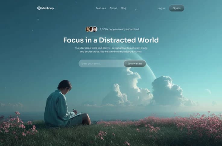 Productivity app website design — minimalist focus-oriented UI with clear feature hierarchy by TML Agency Chandigarh