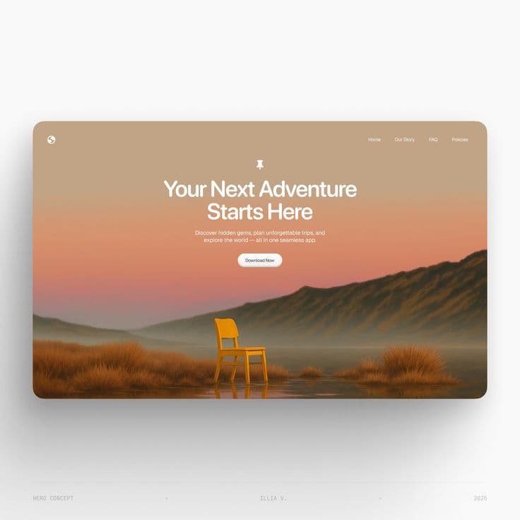 Travel adventure app website hero section — full-bleed desert landscape with strong CTA by TML Agency